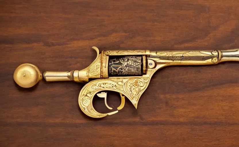 Image similar to golden revolver with engravings laying on a wooden table, complex, high detail