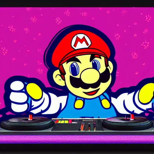 Image similar to svg sticker of a Pop-Wonder SuperMario, Mario-Wearing-a-red-hat, at a rave, spinning records, giant headphones rocking out, wearing headphones, huge speakers, dancing, rave, DJ, spinning records, digital art, amazing composition, rule-of-thirds, award-winning, trending on artstation, featured on deviantart