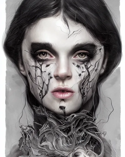 Prompt: portrait of demon girl by martine johanna, dreamy and ethereal, expressive pose, big black eyes, exciting expression, fantasy, intricate, elegant, dark and moody smoke, highly detailed, digital painting, artstation, concept art, smooth, sharp focus, illustration, black flowing ink, blackened eyes