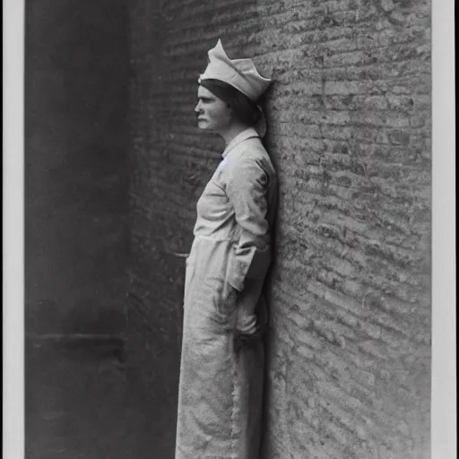 Image similar to nurse standing at wall, photo by wiliam egglestone