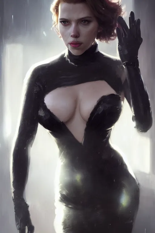 Image similar to a fancy portrait of Scarlett Johansson as cat women by Greg Rutkowski, Sung Choi, Mitchell Mohrhauser, Maciej Kuciara, Johnson Ting, Maxim Verehin, Peter Konig, final fantasy , mythical, 8k photorealistic, cinematic lighting, HD, high details, atmospheric,