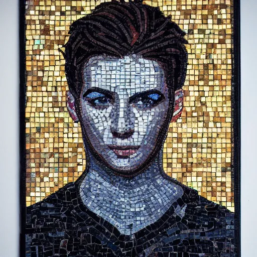 Image similar to artistic portrait of young male with dark hair, mosaic, extremely detailed, trending on Artstation