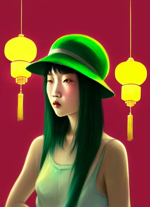 Image similar to portrait of a chinese girl with matte green hair, pixie long straight hair, wearing a light green hat, baseball cap, sophisticated, elegant, glowing lights, highly detailed, digital painting, art stand, concept art, smooth, clear focus, illustration, artwork by wlop, mars ravelo and greg rutkowski