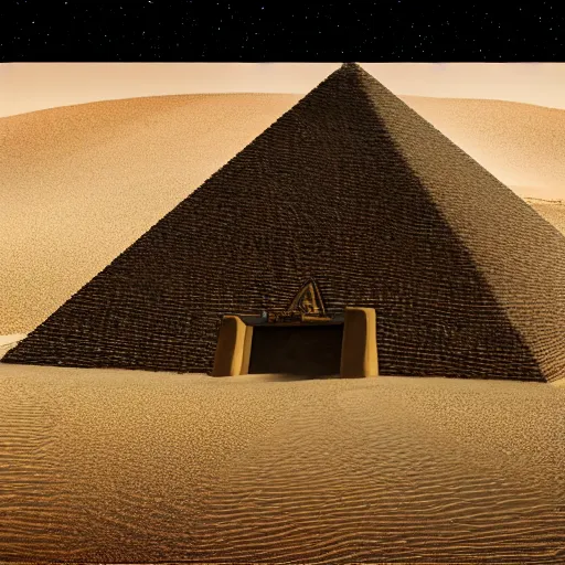 Image similar to front entrance of a pyramid in the desert partially covered by sand, highly detailed, videogame screenshot, panoramic view