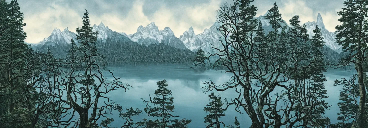 Image similar to escher painting of a lake, big trees reflecting on lake surface, mountains at background, snowy, ultra sharp, ultra detailed, horror emotion, colorized by salvador