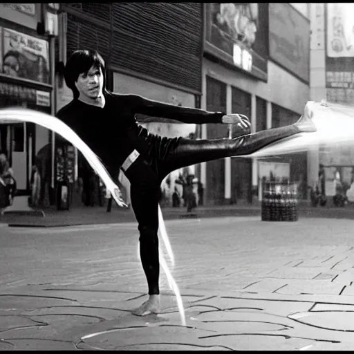 Prompt: bruce lee, a master of chinese martial art, is dramatic kickboxing with many ninja, swirl mist : :, background is the time square in new york : :, symmetrical body, motion light streaks, photoreal, god rays, sss, hyper details, rembrandt lighting, frostbite 3 engine, kung - fu by bruce lee