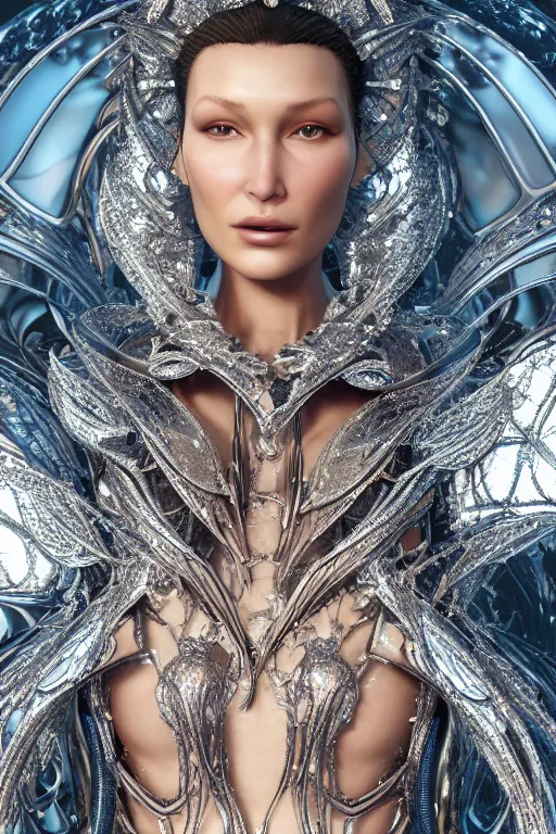 Image similar to a highly detailed metahuman 4 k render close up of an alien goddess bella hadid in iris van herpen dress schiaparelli in diamonds swarovski and jewelry in style of alphonse mucha trending on artstation made in unreal engine 4