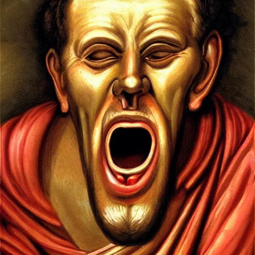 Image similar to portrait of ancient greek idiot yawning with big eyes and sharp nose. fine detail. artistic painting by lurid