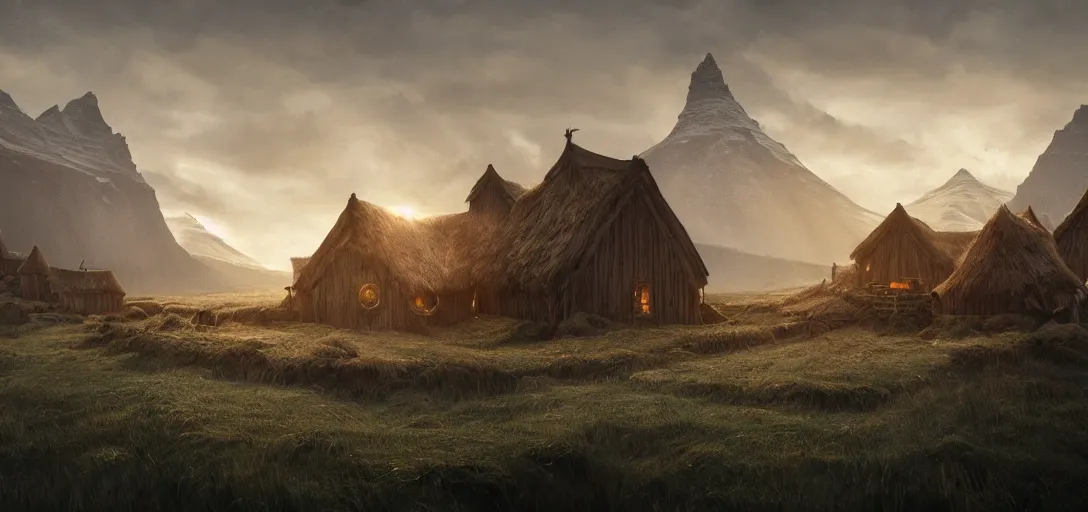 Image similar to a wooden viking village on the coast of iceland, dynamic lighting, volumetric, bokeh, cinematic, establishing shot, extremly high detail, photo realistic, cinematic lighting, post processed, concept art, artstation, matte painting, style by eddie mendoza, raphael lacoste, alex ross