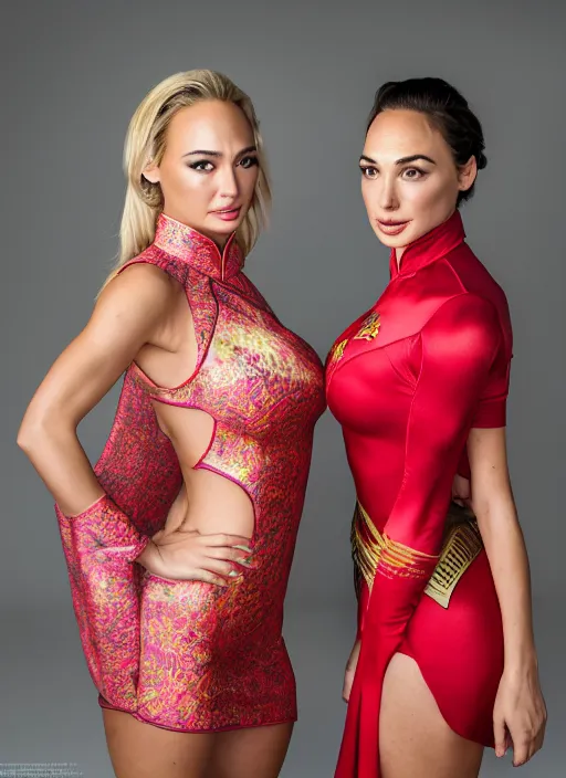 Prompt: portrait of lindsey pelas and gal gadot wearing cheongsam, by charlotte grimm, studio light, detailed face, canon eos c 3 0 0, ƒ 1. 8, 3 5 mm, 8 k, medium - format print, half body shot