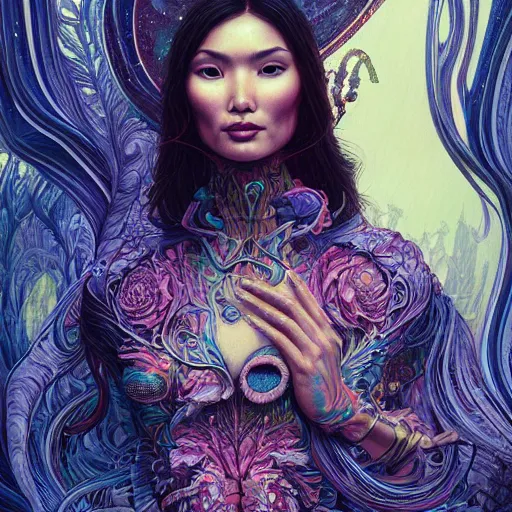 Image similar to portrait of gemma chan, hyper detailed masterpiece, neon floral pattern, jean giraud, digital art painting, darkwave goth aesthetic, psychedelic, artgerm, donato giancola and tom bagshaw