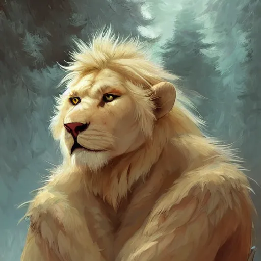 Image similar to aesthetic portrait commission of a albino male furry anthro lion wearing caveman clothing, cozy atmosphere, hyperdetailed. character design by charlie bowater, ross tran, artgerm, and makoto shinkai, detailed, inked, western comic book art, 2 0 2 1 award winning painting