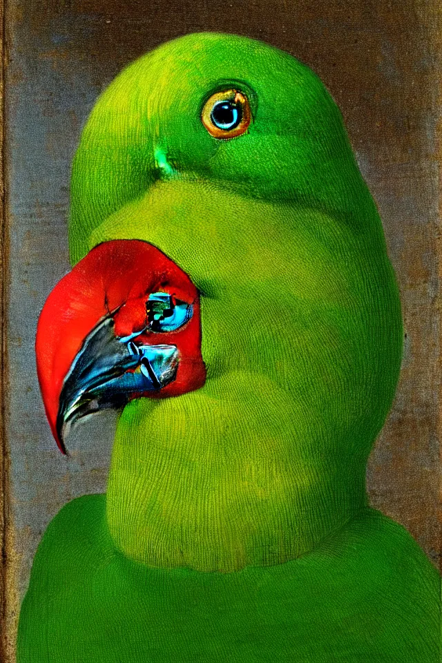 Image similar to a renaissance close up portrait of a green duck parrot as a ninja turtle, centered, triumphant, beautiful intricate painting