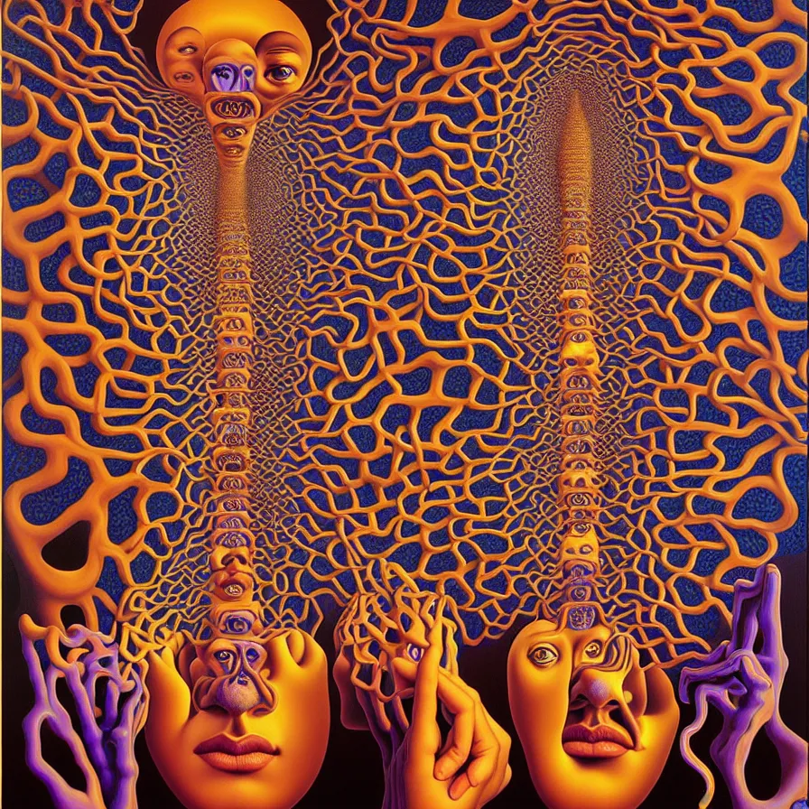 Prompt: infinite fractals of faces forming a single human face, recursion, surreal, by salvador dali and mc escher and alex grey, oil on canvas, weird, dreams, consciousness, strange loops, fantasy, intricate details, warm colors