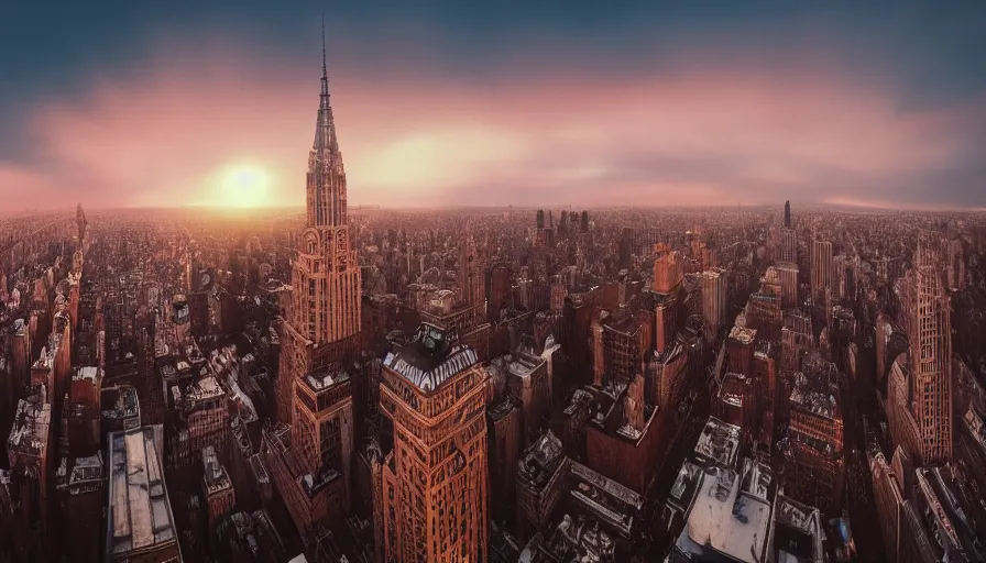 Image similar to Wide angle of Neo-Gothic New-York at sunset, volumetric light, hyperdetailed, artstation, cgsociety, 8k