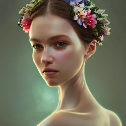 Image similar to character concept portrait of a beautiful woman with pale face, flowers in her hair, intricate, elegant, digital painting, concept art, realistic, smooth, focus, rim light