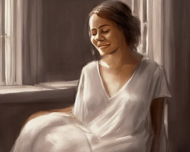 Image similar to a relaxed smiling woman in a soft night gown sitting with her eyes closed on a loose pile of soft fabrics infront of a window with the blinds drawn shut. there is a flower vase near her. by richard s. johnson, trending on deviantart