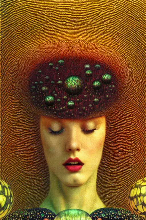 Image similar to art deco close up portait of mushroom head with big mouth surrounded by spheres, rain like a dream digital render curvalinear clothing dramatic fluid lines otherworldly vaporwave interesting details epic composition by artgerm moebius francis bacon gustav klimt