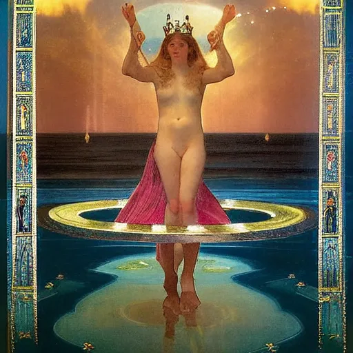 Image similar to The queen's throne, refracted sparkles, thunderstorm, greek pool, beach and Tropical vegetation on the background major arcana sky, by paul delaroche, alphonse mucha and arnold böcklin, hyperrealistic symmetrical 8k, award-winning, very very very detailed