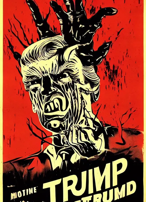 Prompt: Donald Trump's disgusting true form on a 1950s horror movie poster, inking, vintage 50s print, detailed, scary, horror, screen print, trending on artstation