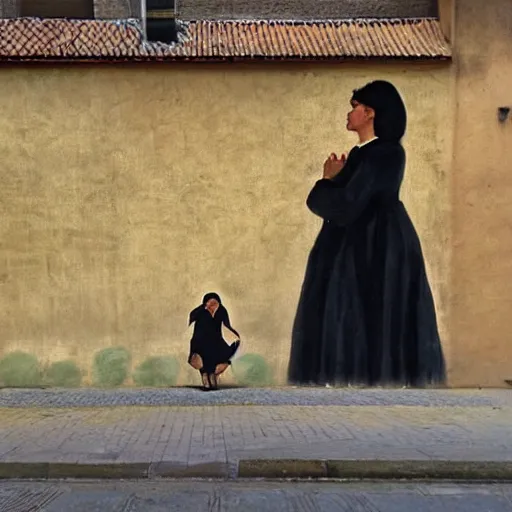 Image similar to This street art was painted in 1937 during the Guerra Civil Española. The woman in the street art is weeping. She is wearing a black dress and a black veil. Her face is distorted by grief. The street art is dark and somber. dutch golden age, Baroque by Marc Simonetti playful