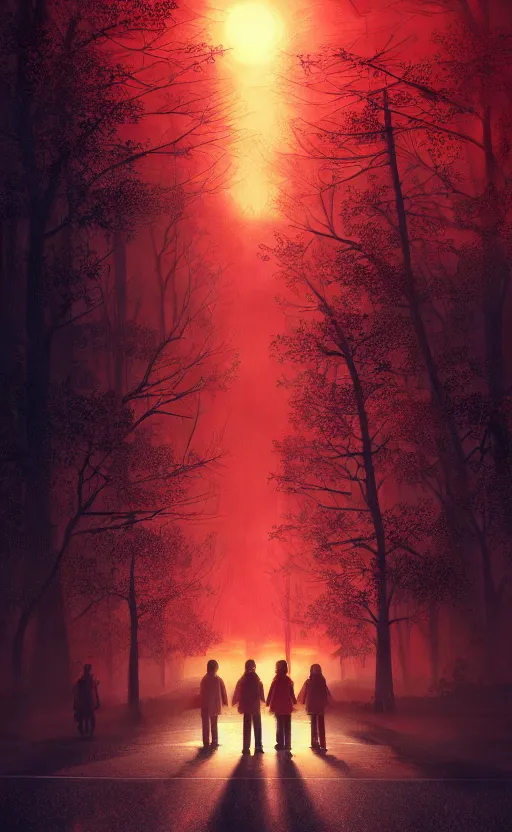 Image similar to stranger things inspired wallpaper, red ambience, at night, creepy over the street in the background, dynamic lighting, photorealistic fantasy concept art, trending on art station, stunning visuals, creative, cinematic, ultra detailed