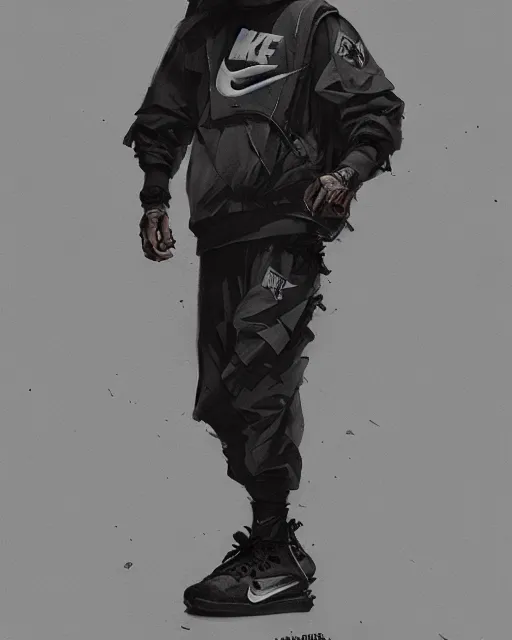 Image similar to Medium shot of a character wearing Nike ACG+Acronym+Riot Division in the style of greg rutkowski