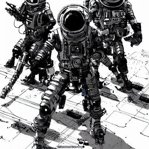 Prompt: the spacebattle, industrial scifi, cyberpunk, in the style of Ashley Wood and Moebius