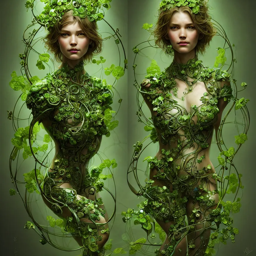 Prompt: organic cyborg, green vines sculpture with small flowers, diffuse lighting, fantasy, intricate, elegant, highly detailed, lifelike, photorealistic, digital painting, artstation, illustration, concept art, smooth, sharp focus, art by john collier and albert aublet and krenz cushart and artem demura and alphonse mucha