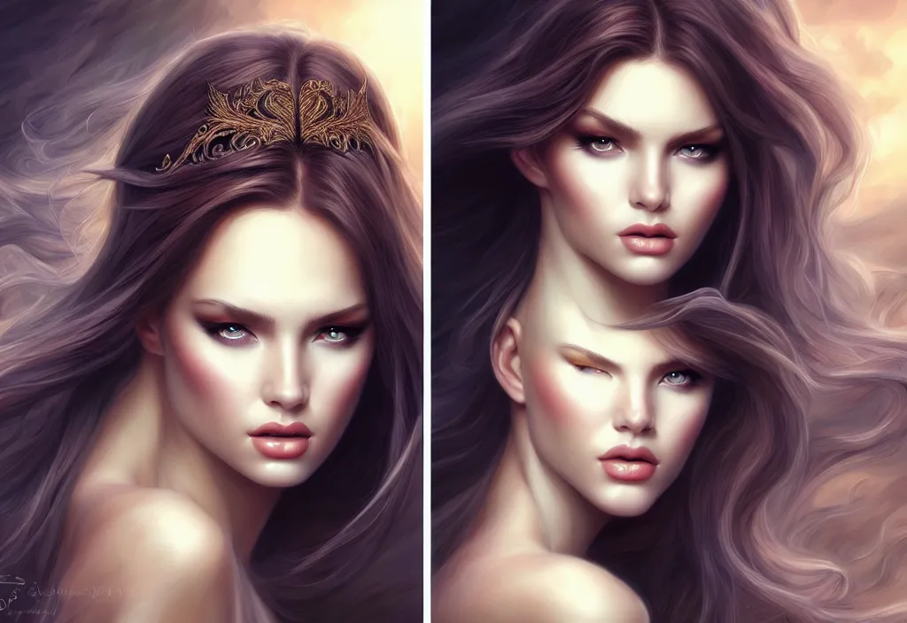 Image similar to picture split from the middle with an border, evil angels with different backrounds, intricate, elegant, highly detailed, realistic hair, centered, digital painting, art station, conceptual art, soft, sharp focus, illustration, artwork, artgerm, wlop, boris vallejo