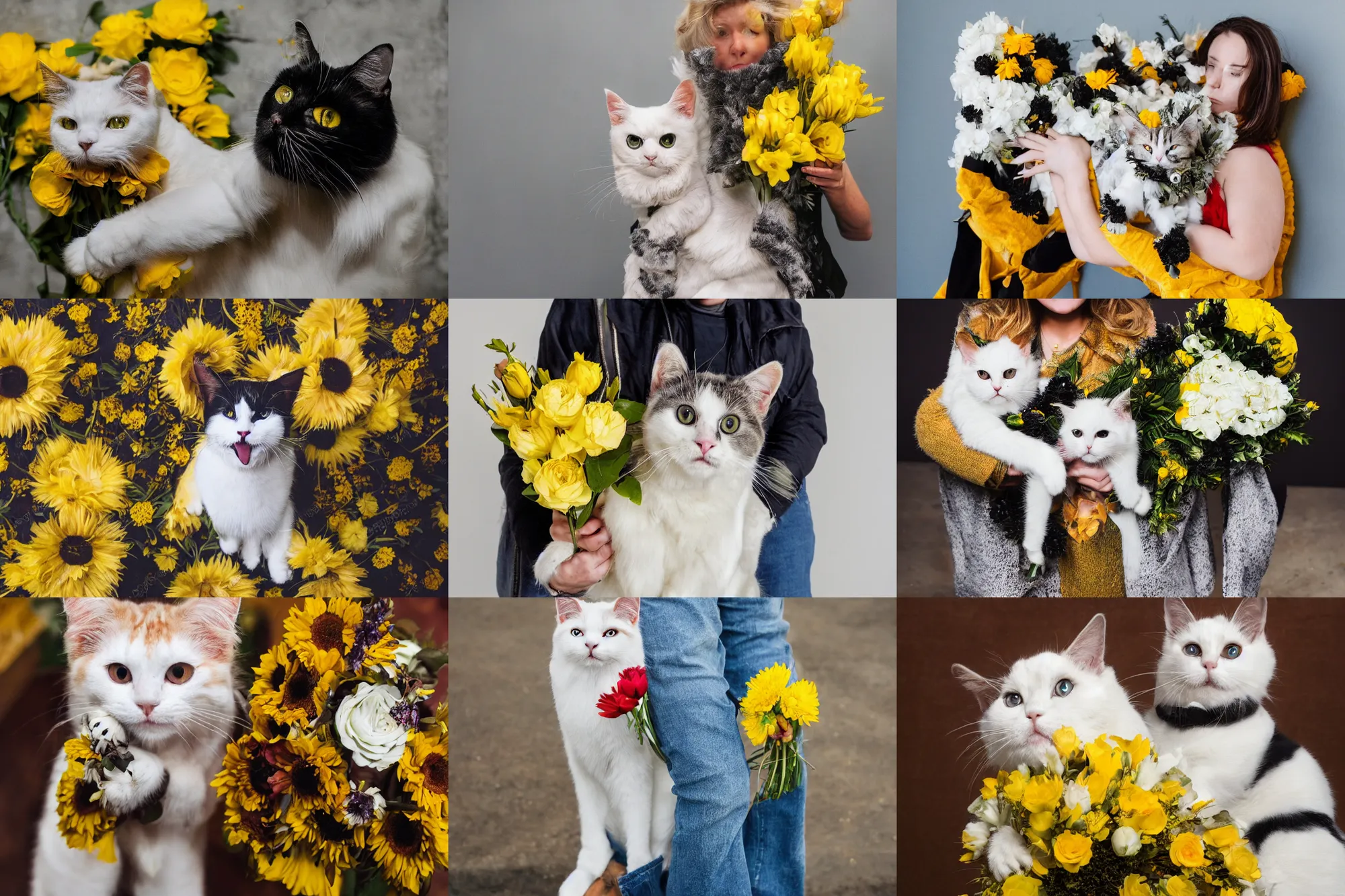 Prompt: wide shot photography of white cat with yellow black fur patterns, holding a flowers bouquet in her mouth, under a human standing wearing jeans and sneakers, large happy eyes