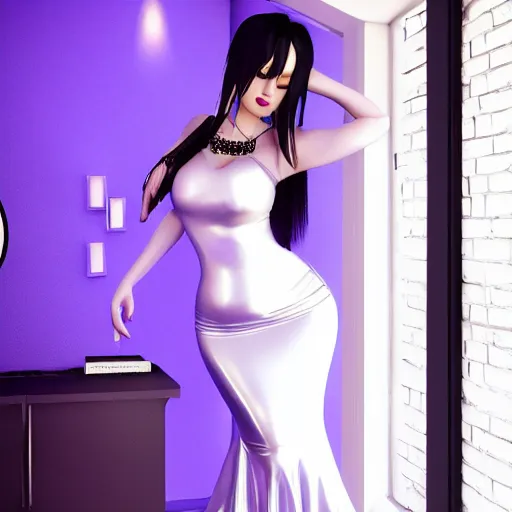 Prompt: curvy feminine hot goth cutie in a sublime elegant polished sequined white latex neck-high or tube-top floor length gown with purple accents, thin waist, cgsociety, photorealistic, comfy ambience, idealistic, 16k, smooth, sharp focus, trending on ArtStation, volumetric lighting, fully clothed, worksafe