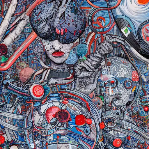 Image similar to james jean art of a part in space, hyper detail