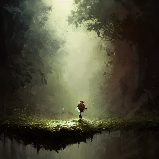 Prompt: a tiny mushroom person with a mushroom for a head walking by a stream in a lush forest, dramatic lighting, illustration by Greg rutkowski, yoji shinkawa, 4k, digital art, concept art, trending on artstation