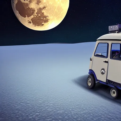 Prompt: a dark blue tuk tuk going across the moon surface, the milky way in the sky, hard science fiction, milky way, moon, matte painting, concept art, 4k