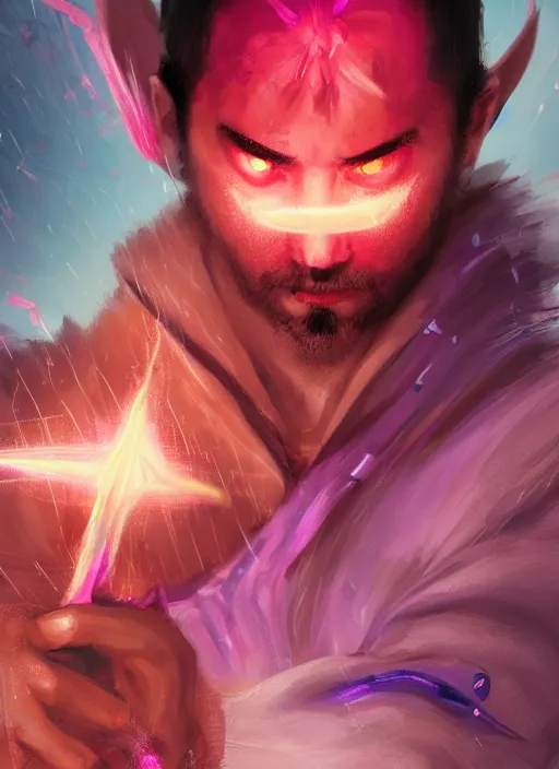 Image similar to close-up of character concept portrait of JOJI as a pink guy wizard conjuring a violent void multiversal spell, a floating iridescent blade sword of chaos from God of War in the center, intricate, elegant, digital painting, concept art, smooth, sharp focus, illustration, from Metal Gear, by Ruan Jia and Mandy Jurgens and William-Adolphe Bouguereau, Artgerm