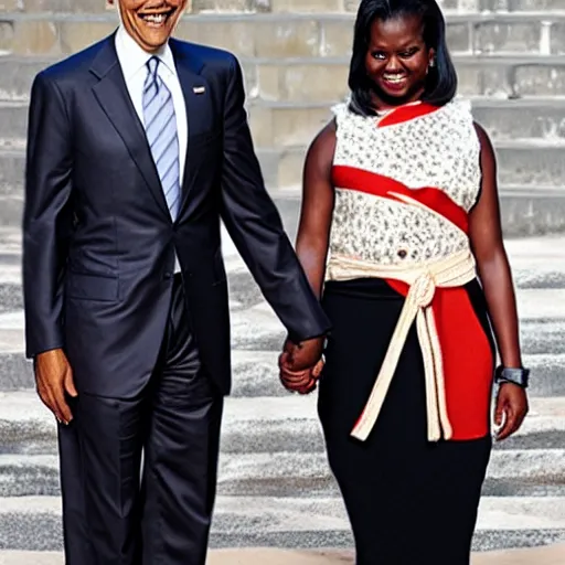 Prompt: photo of obama and a roman girl holding hands