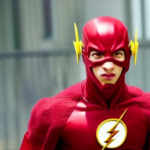 Image similar to ultra realistic photograph of angry Ezra Miller wearing flash costume being arrested by FBI outside Warner Bros Studio, 4K