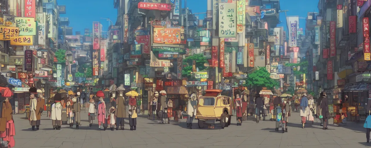 Prompt: A screenshot of the seoul city street in the scene in the Ghibli anime film, pretty rim highlights and specular