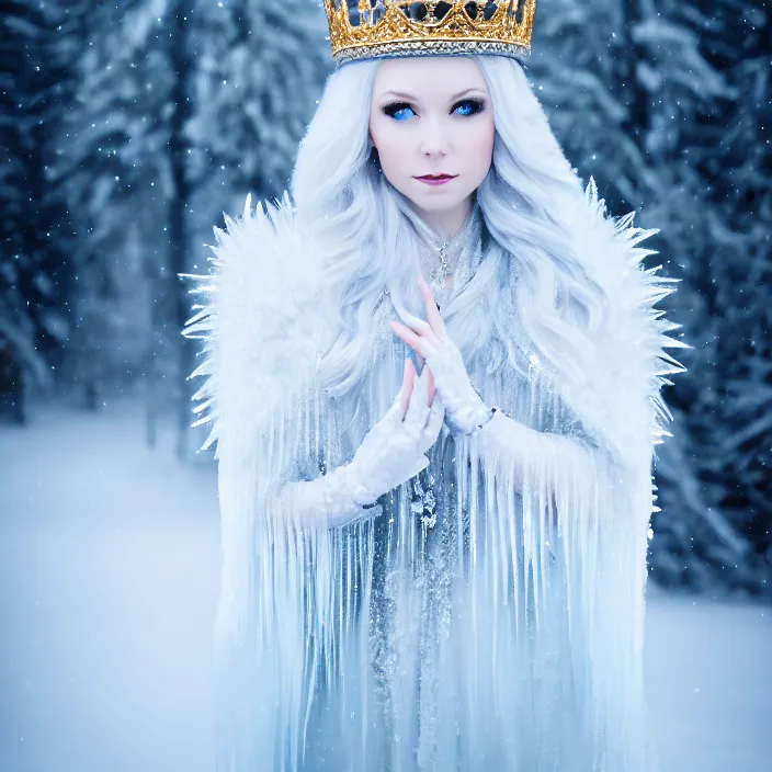 Prompt: photograph of a real-life beautiful ice queen with ornate cloak and crown in an ethereal snowy landscape. Extremely detailed. 8k