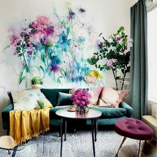 Image similar to watercolor living room with flowers, by anna dittmann, agnes cecile, william turner