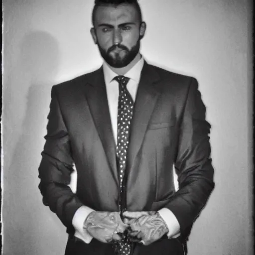 Prompt: black and white photo of Gigachad in the Italian mafia