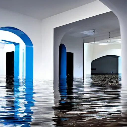 Image similar to interior of a flooded building, all white, minimalistic architecture, rounded ceiling, arched doorway, dim lights, liminal space, blue water, minimalistic,
