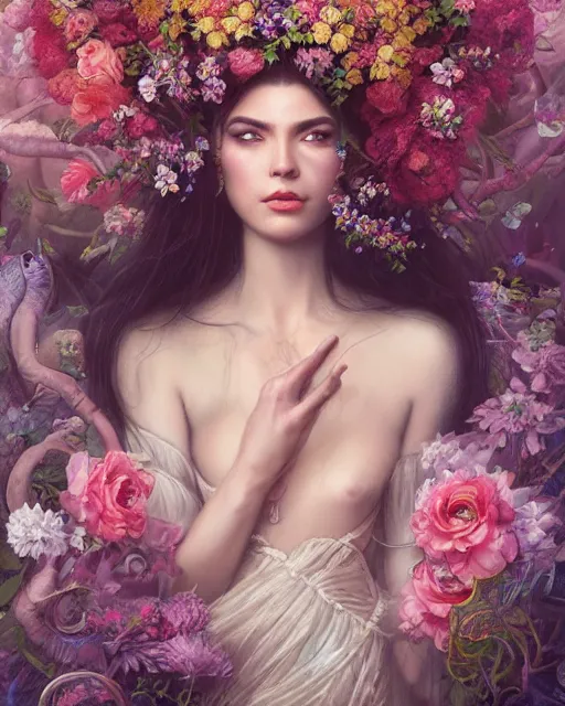 Image similar to portrait of the eurasian queen of the underworld, surrounded by flowers by karol bak, james jean, tom bagshaw, rococo, sharp focus, trending on artstation, cinematic lighting, hyper realism, octane render, 8 k, hyper detailed.