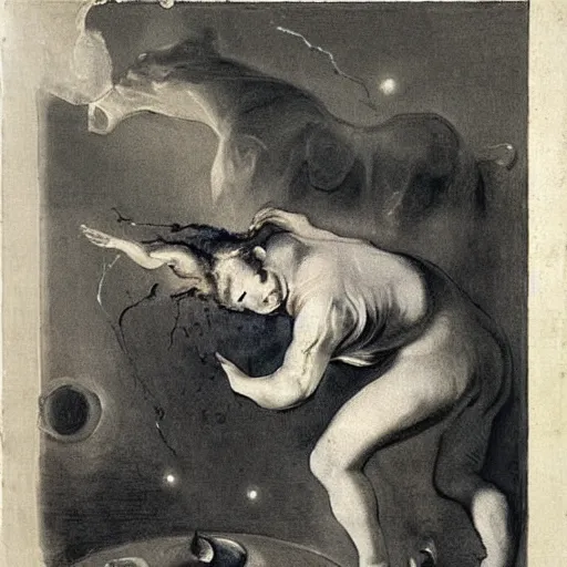 Prompt: A performance art. A rip in spacetime. Did this device in her hand open a portal to another dimension or reality?! cow print by Théodore Géricault unified