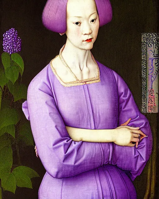 Prompt: portrait of a woman with lilac long hair wearing a blue pajama, standing in a big garden full of plants and hair rolls, intricate details, high detail, in the style of rogier van der weyden and jacopo da pontormo, punk, asian art,