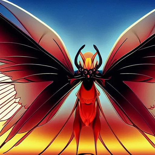 Image similar to 4K photo of mothman with giant wings , flawless anime cel animation by Manabu Oshashi and Satoshi Kon, professionally post-processed , beautiful, scary, symmetry accurate features, epic, octane rendered, anime masterpiece, accurate