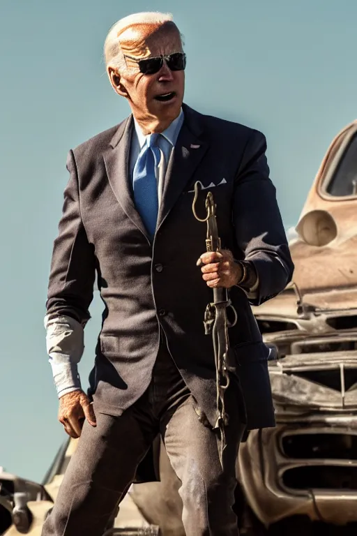 Image similar to [a still of Joe Biden in the movie Mad Max (2015), 4k, HD, high quality, octane]