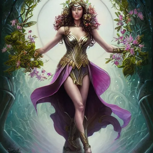 Image similar to full body fine art photo of the beauty goddess gal gadot, she has a crown of mesmerizing flowers, she is arriving heaven, by peter mohrbacher