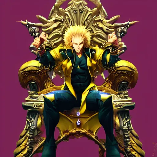 Image similar to dio from jojo's bizarre adventure sitting on a throne, matte art by ross tran, dim lighting, artstation